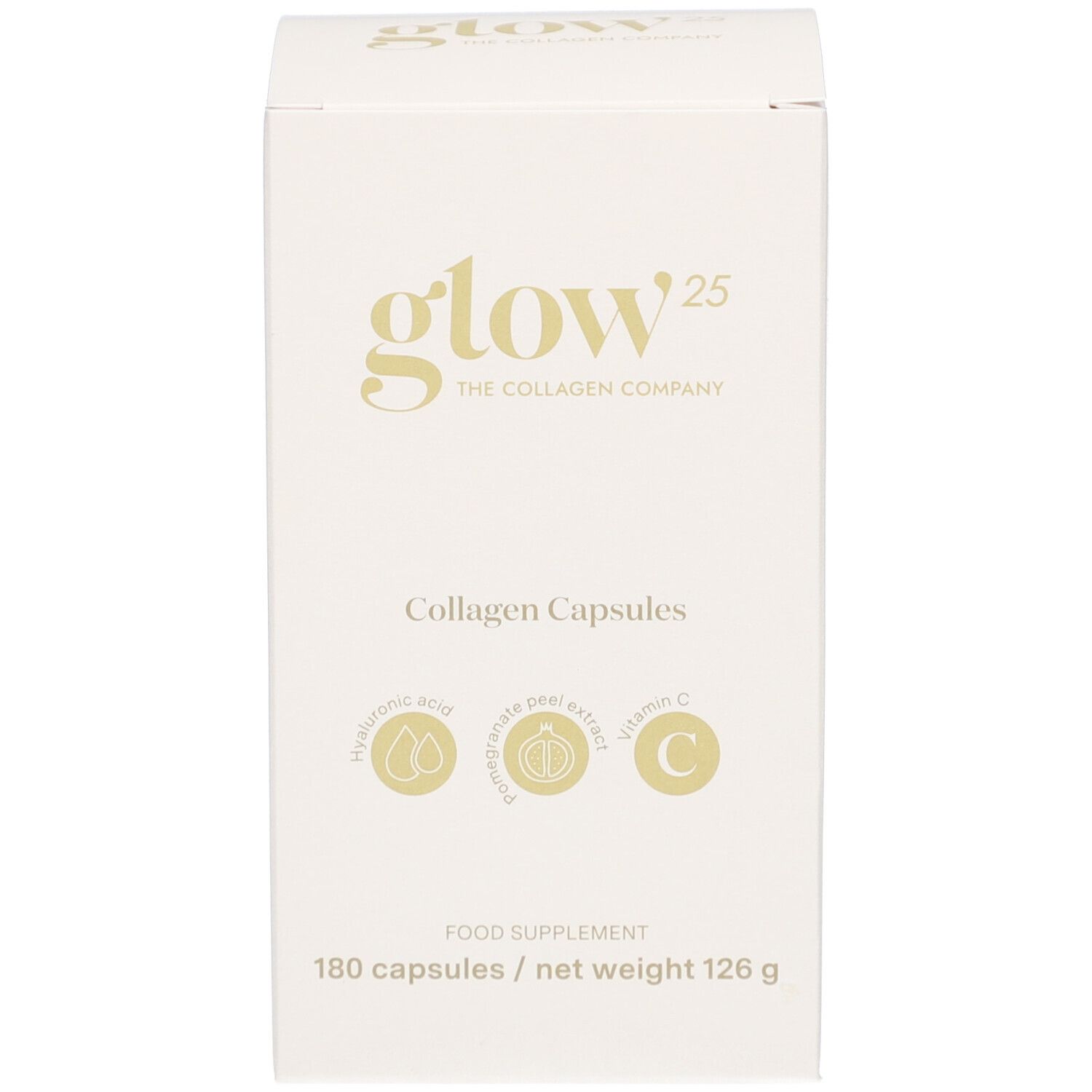 Boîte blanche avec inscription: Glow25, Collagen Capsules. Contient acide hyaluronique, extrait de grenade, vitamine C. 180 gélules.