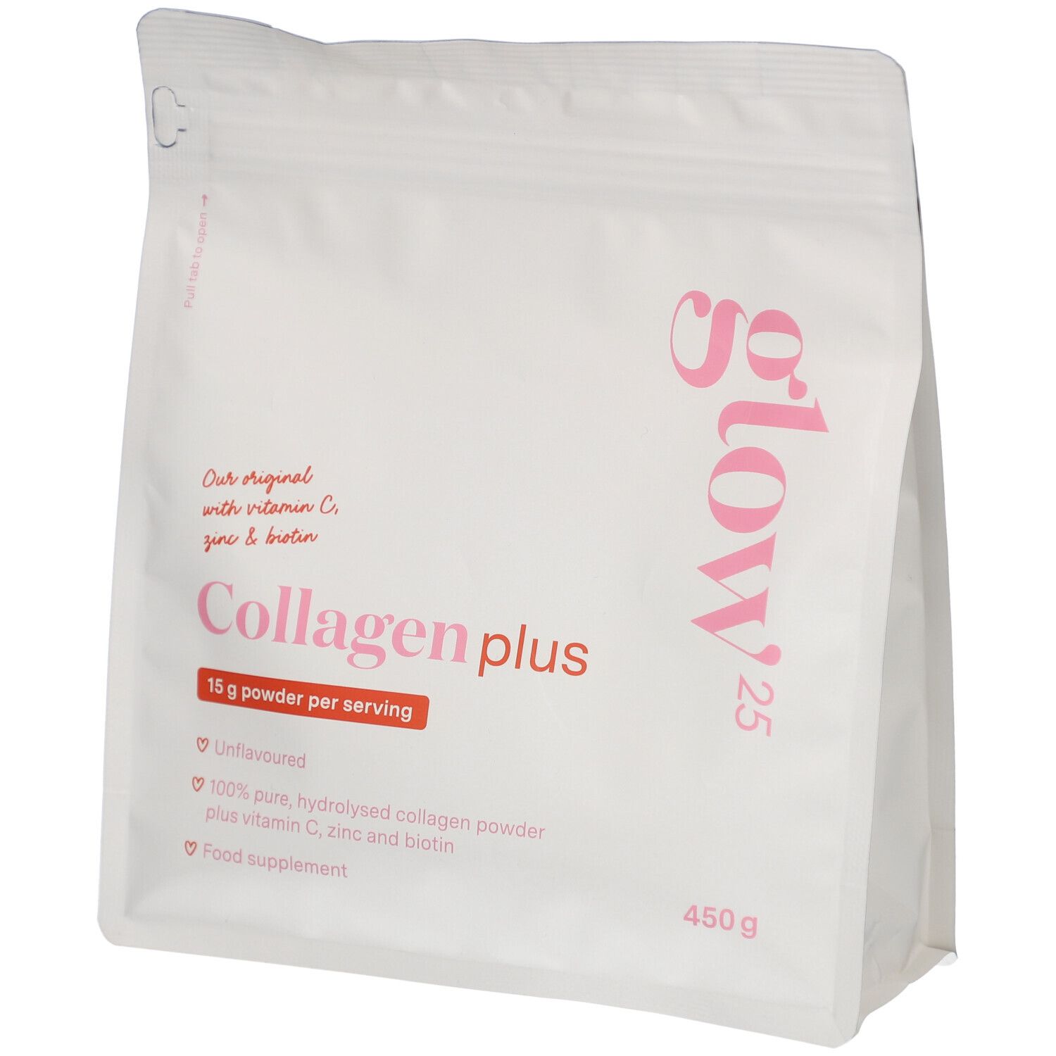 Sachet blanc avec impression rose. Contient du collagène plus, 15g de poudre par portion. 450g. Avec vitamine C, zinc et biotine.