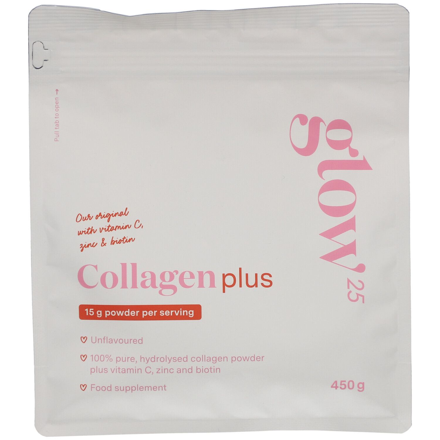 Sachet blanc avec impression rose. Contient du collagène plus, 15g de poudre par portion. 450g. Avec vitamine C, zinc et biotine.