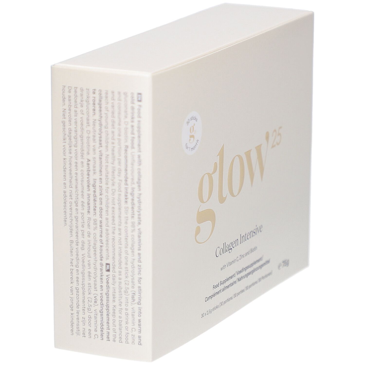 Boîte en carton beige en biais. Contient des informations sur les ingrédients et les valeurs nutritionnelles. Logo "glow25" visible.