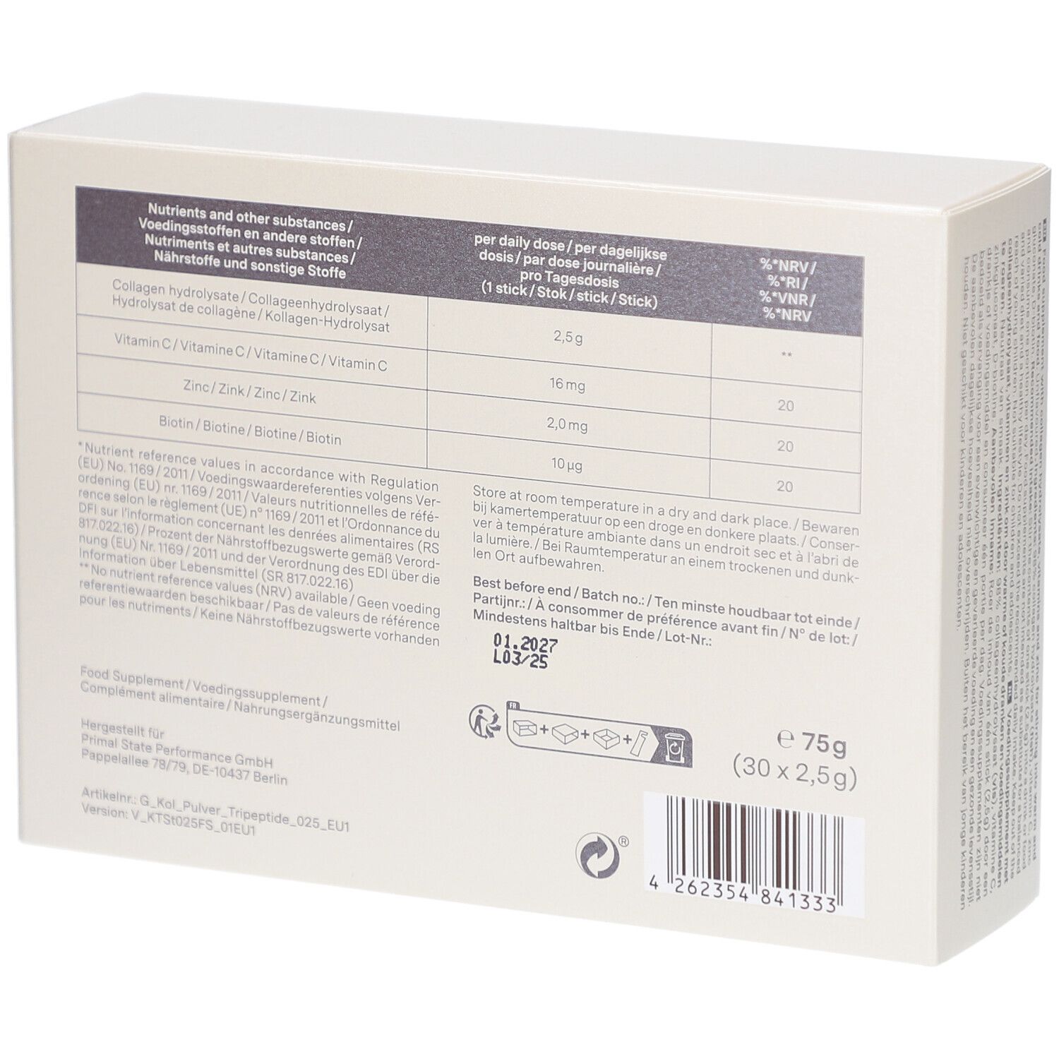 Dos de la boîte en carton beige. Contient des informations nutritionnelles, la date de péremption et les coordonnées du fabricant.