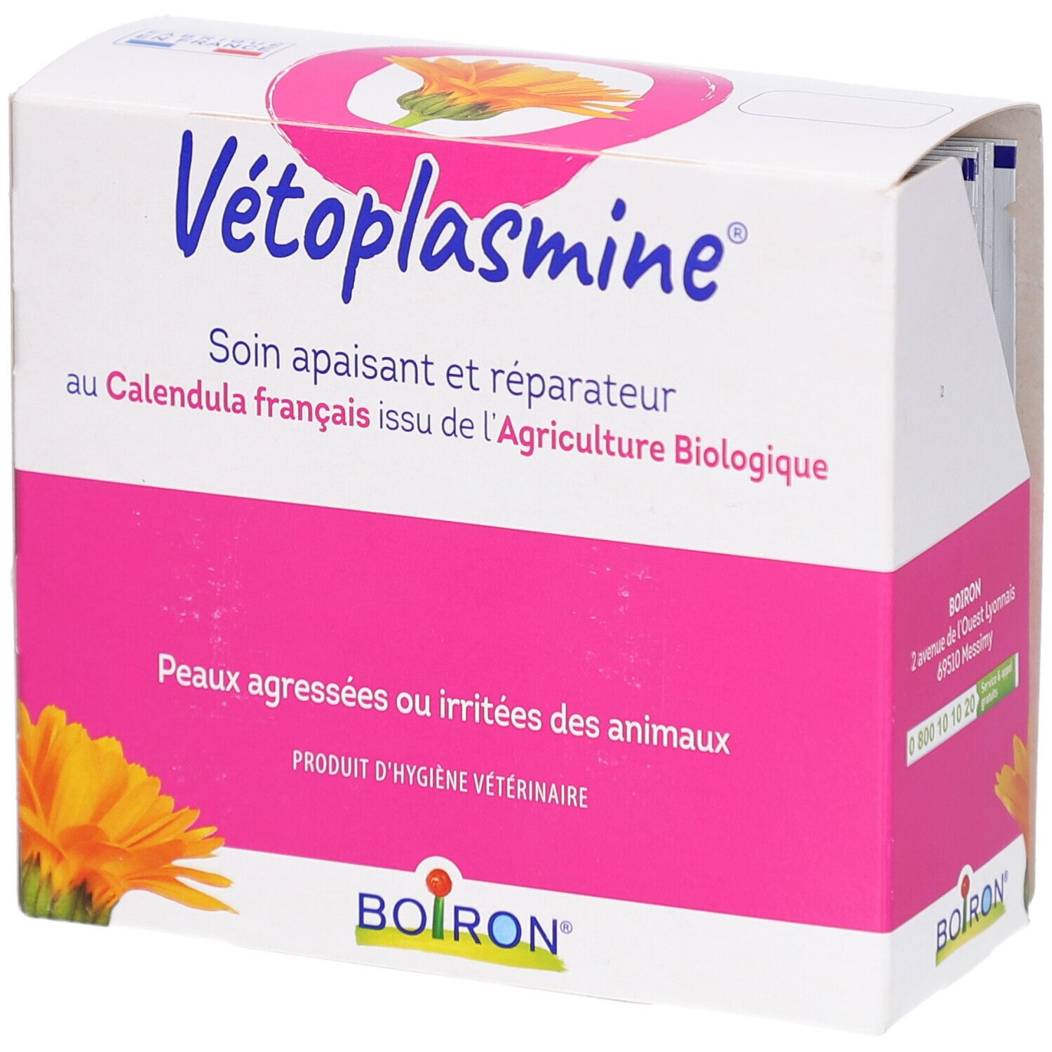 Boîte blanche avec accents roses. Inscription Vétoplasmine, cercle avec fleur, texte. Pour animaux. Logo BOIRON.