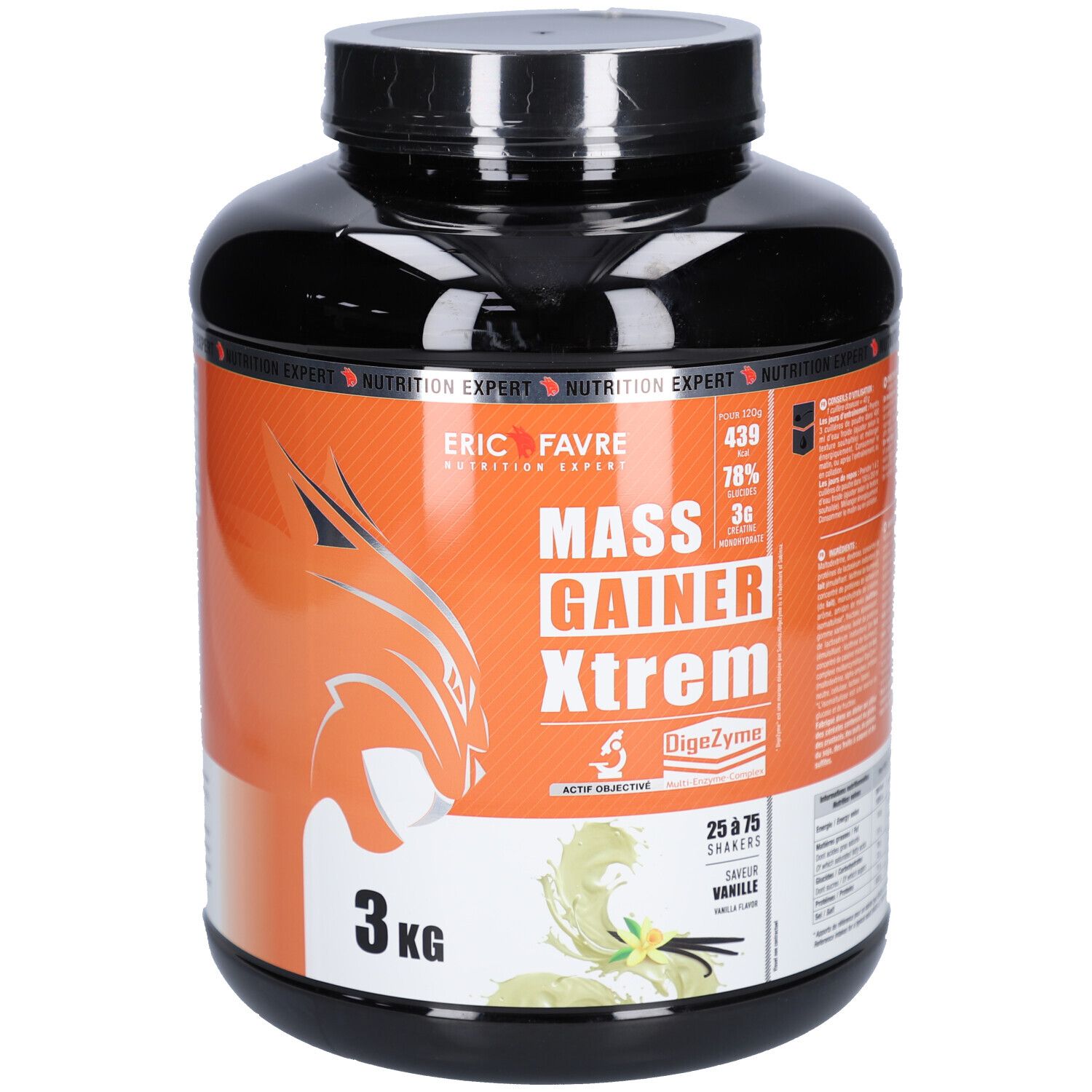 Pot noir avec étiquette orange. Inscription: ERIC FAVRE, MASS GAINER XTREM, 3 kg. Saveur vanille.