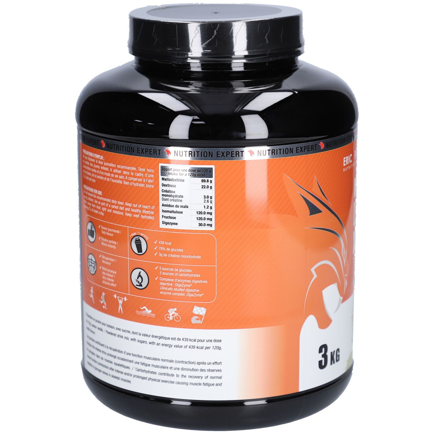 Dos d'un pot noir. Étiquette orange avec texte et informations nutritionnelles. 3 kg.