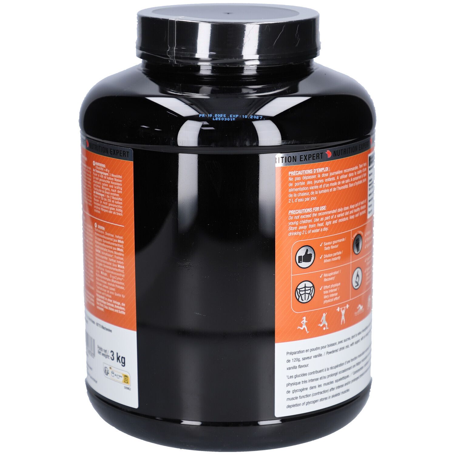 Dos d'un pot noir. Étiquette orange avec texte et pictogrammes. 3 kg.
