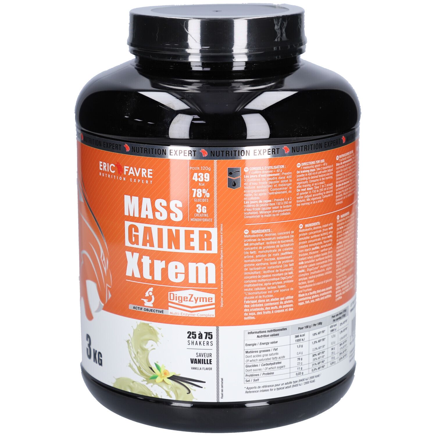 Pot noir avec étiquette orange. Inscription: ERIC FAVRE, MASS GAINER XTREM, 3 kg. Saveur vanille.