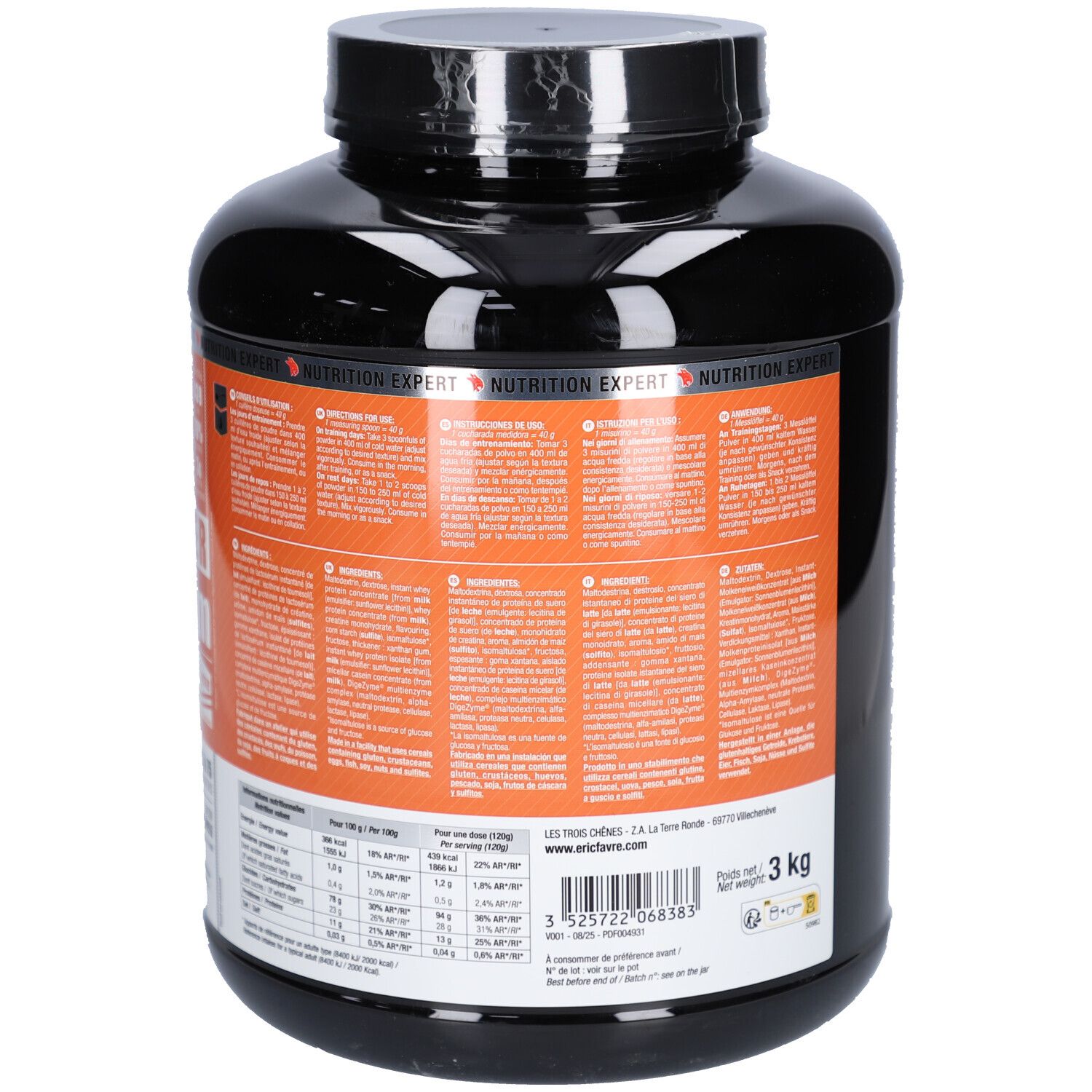 Dos d'un pot noir. Étiquette orange avec texte et informations nutritionnelles. 3 kg.