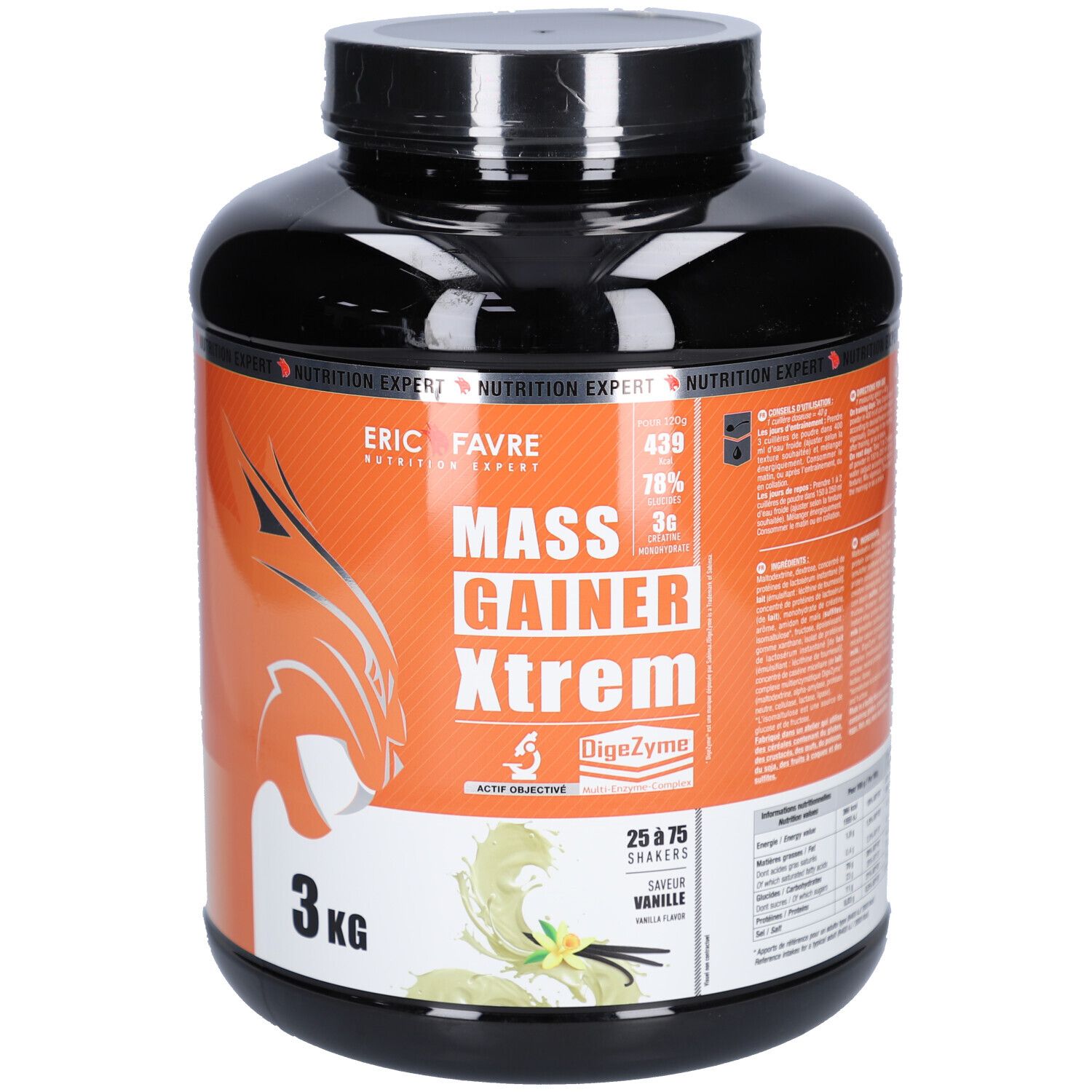 Pot noir avec étiquette orange. Inscription: ERIC FAVRE, MASS GAINER XTREM, 3 kg. Saveur vanille.