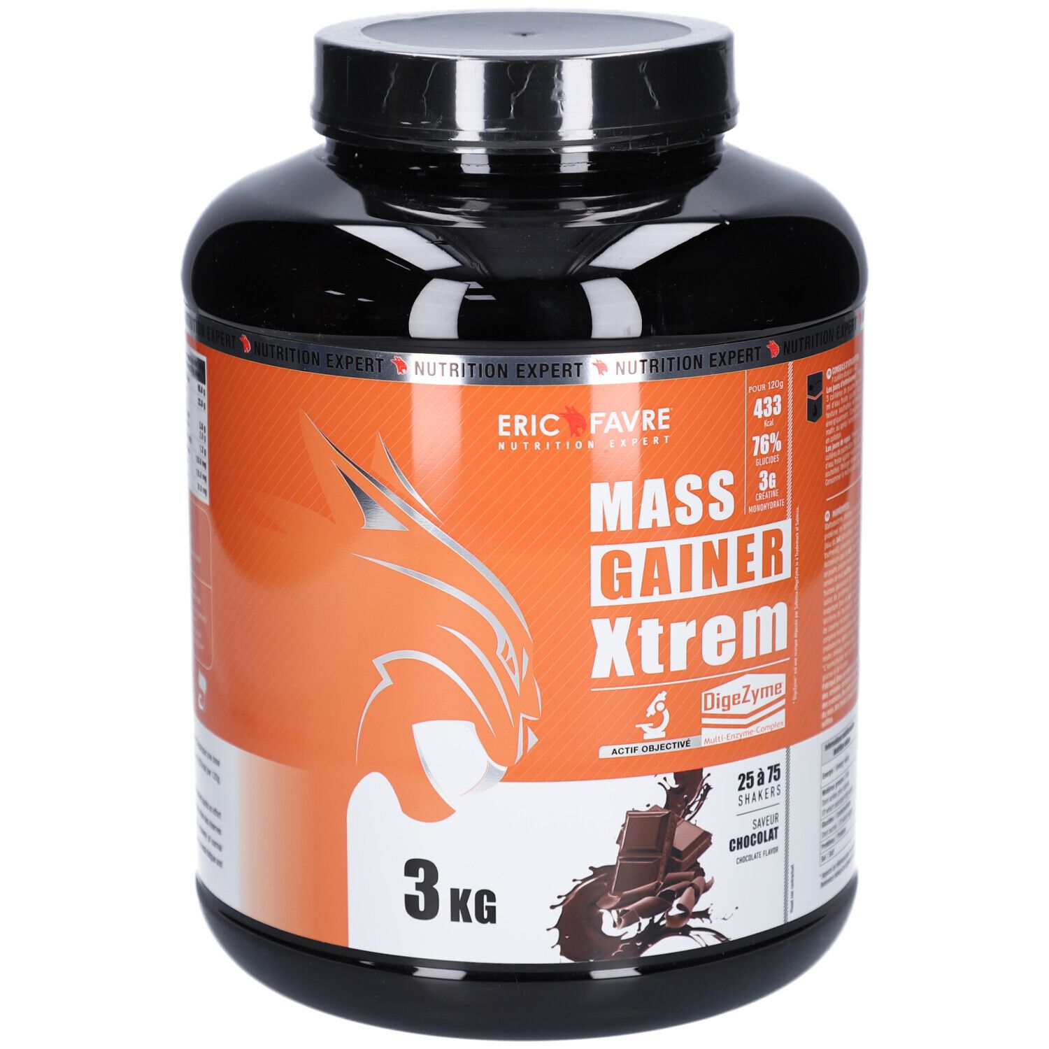 Pot noir avec étiquette orange. Inscription: ERIC FAVRE MASS GAINER XTREM CHOCO3KG. 3 kg. Logo Lynx.