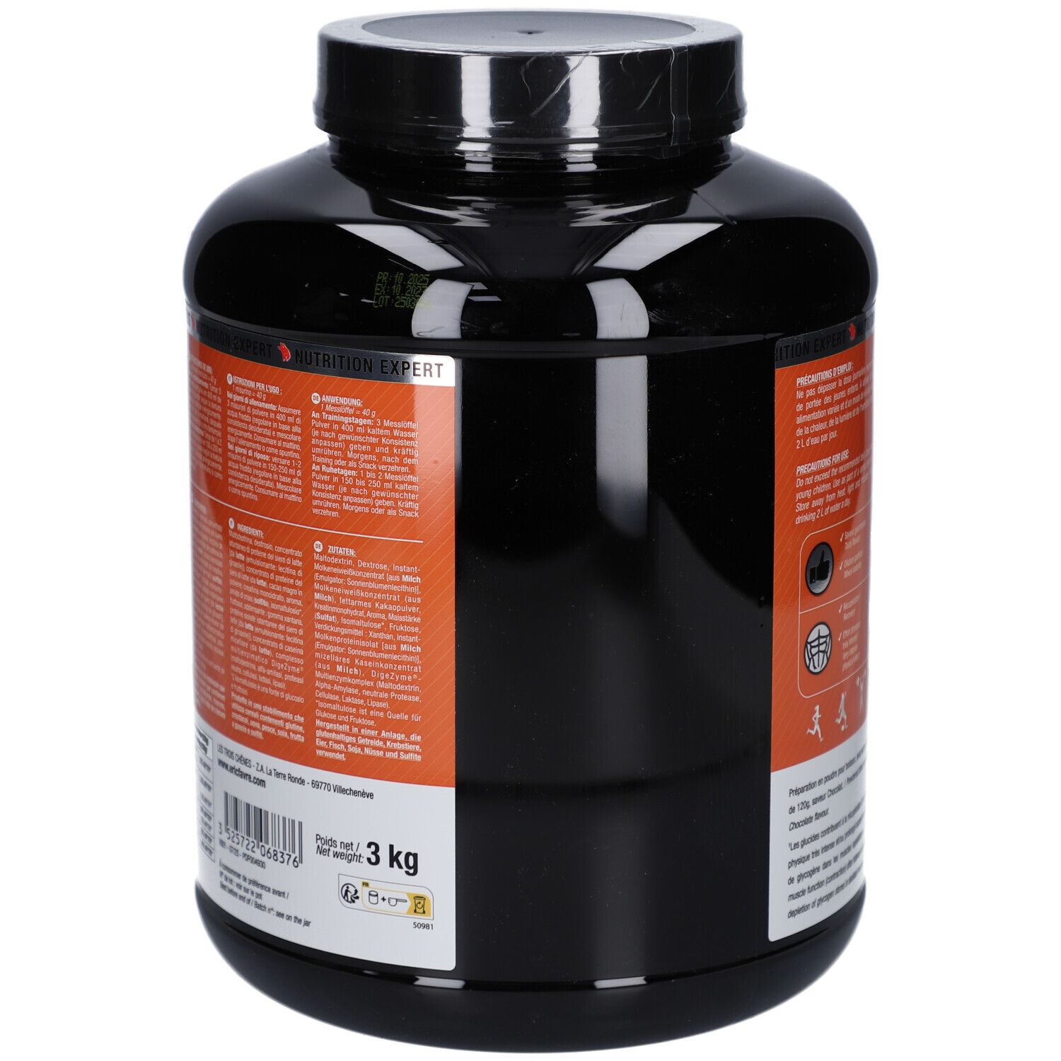 Dos du pot noir. Étiquette orange avec texte et informations nutritionnelles. 3 kg.