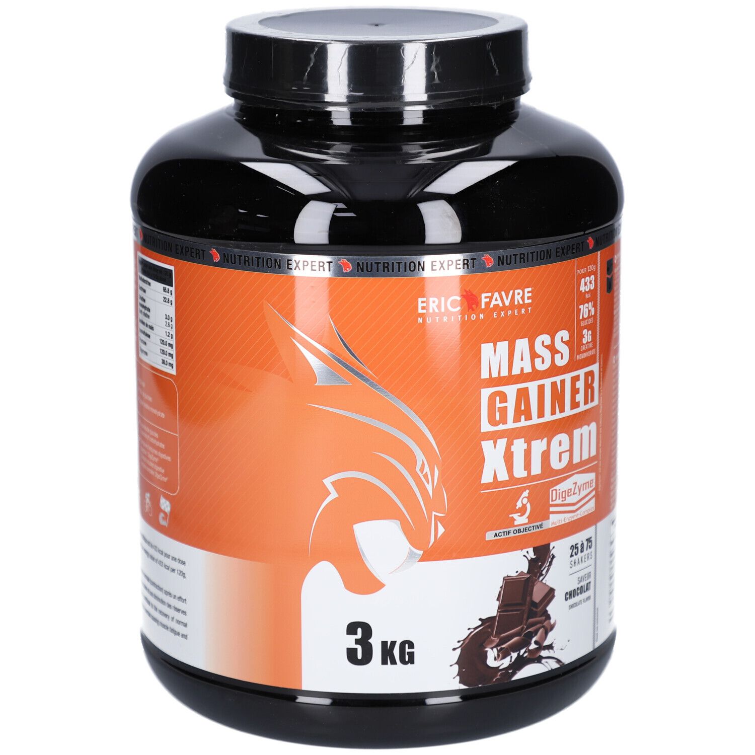 Pot noir avec étiquette orange. Inscription: ERIC FAVRE MASS GAINER XTREM CHOCO3KG. 3 kg. Logo Lynx.
