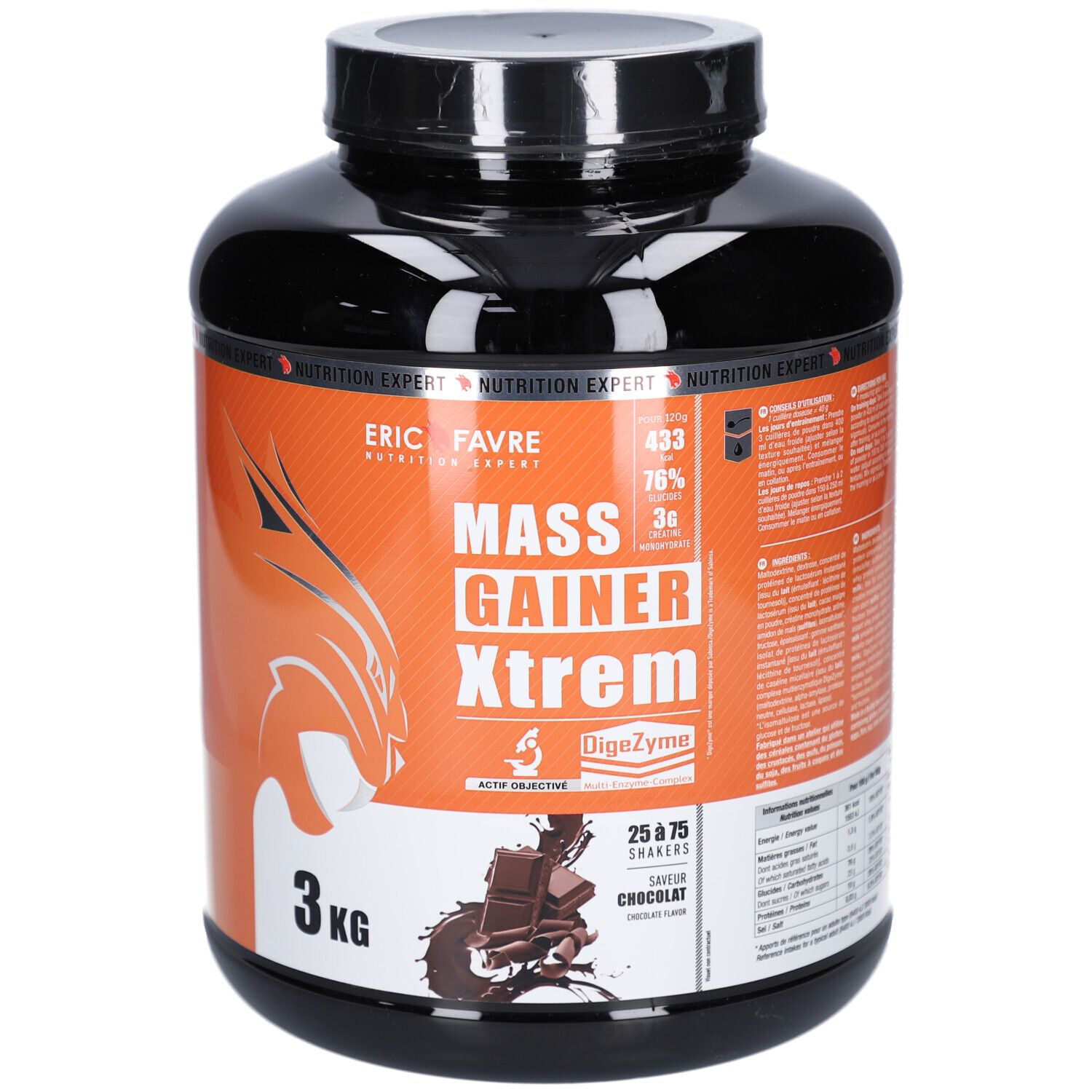 Pot noir avec étiquette orange. Inscription: ERIC FAVRE MASS GAINER XTREM CHOCO3KG. 3 kg. Logo Lynx.