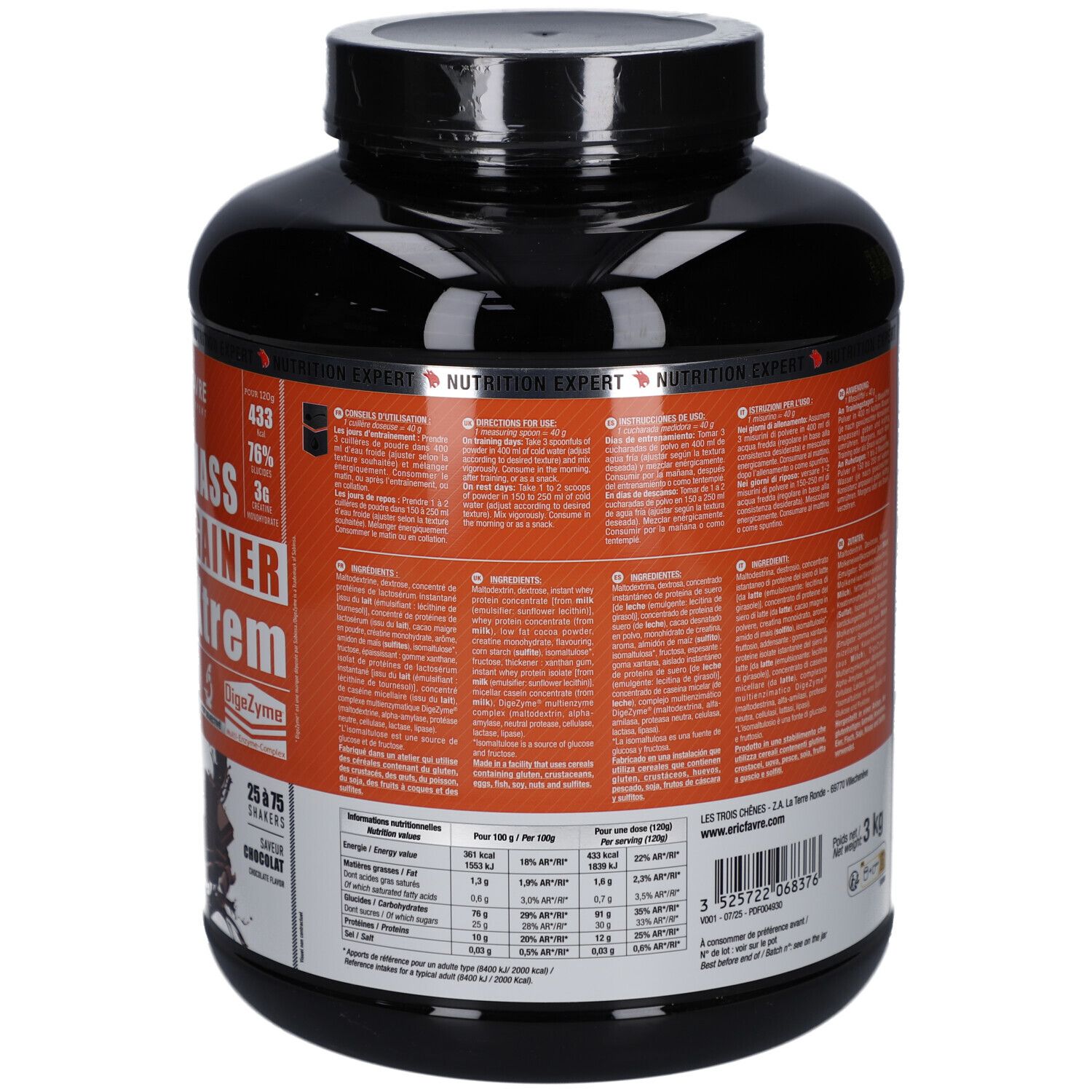 Dos du pot noir. Étiquette orange avec texte et informations nutritionnelles. 3 kg.