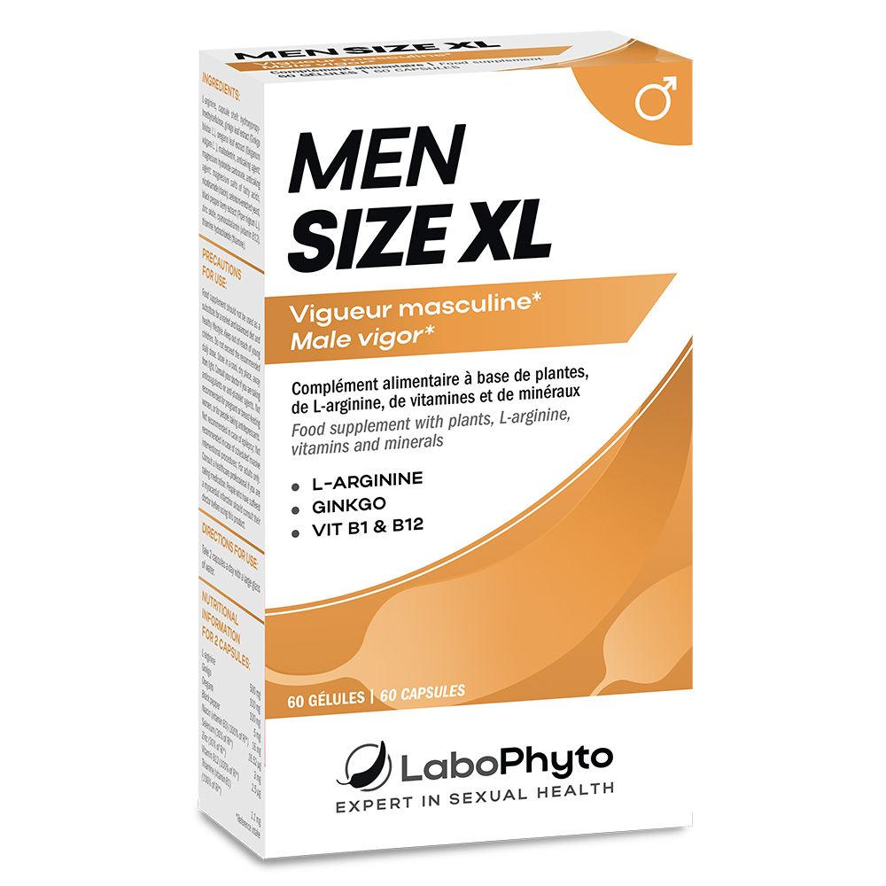 Boîte de complément alimentaire. Inscription: MEN SIZE XL, Male vigor. Contient 60 gélules. Marque: Labophyto.