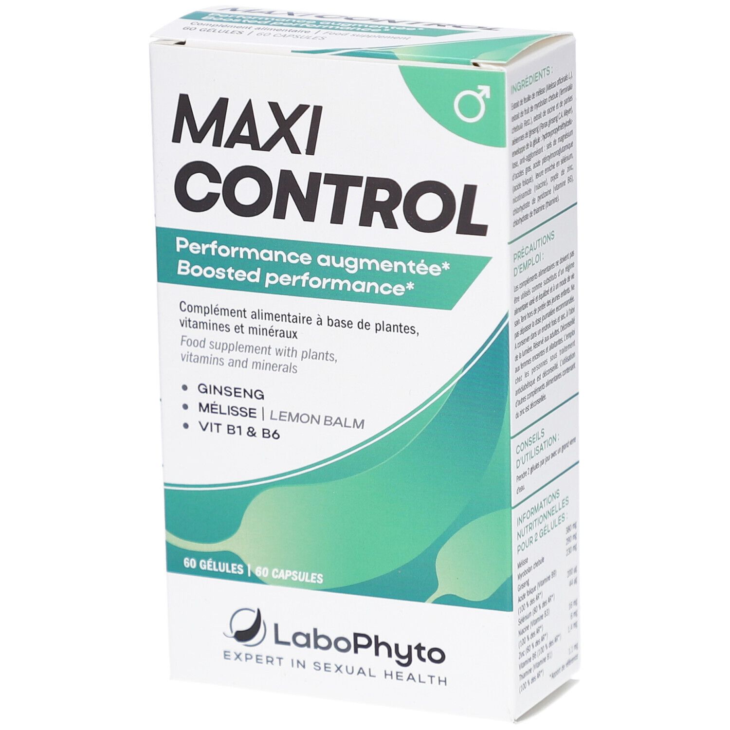 Boîte MAXI CONTROL. Inscription: Performance augmentée. Contient 60 gélules. Marque: Labophyto.