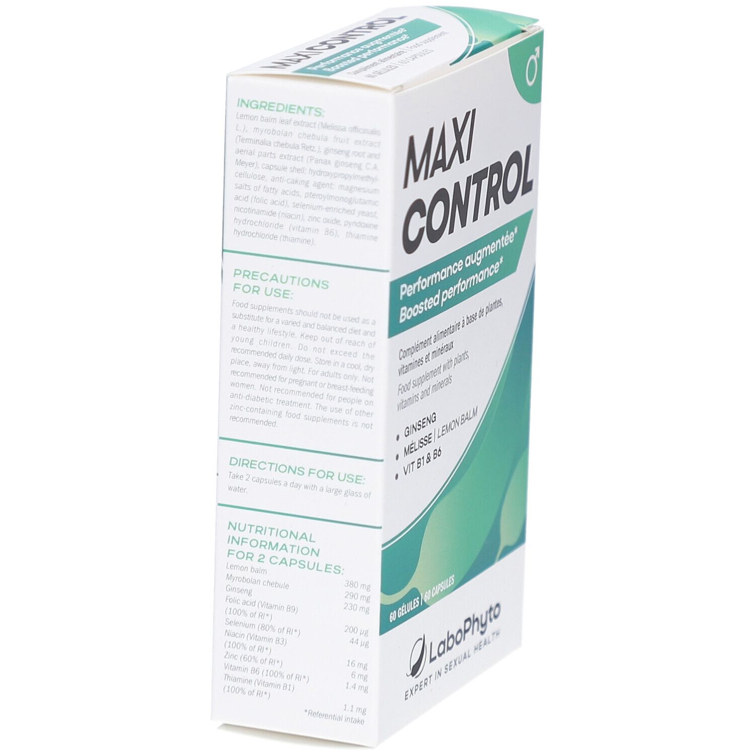 Boîte MAXI CONTROL, vue latérale. Inscription: Performance augmentée. Marque: Labophyto. Contient 60 gélules.