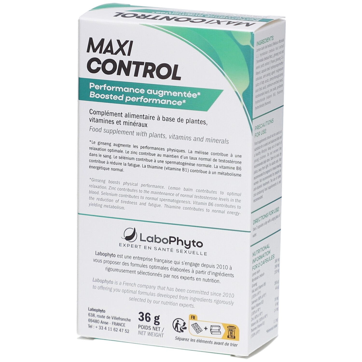 Boîte MAXI CONTROL. Inscription: Performance augmentée. Contient 36 g. Marque: Labophyto.
