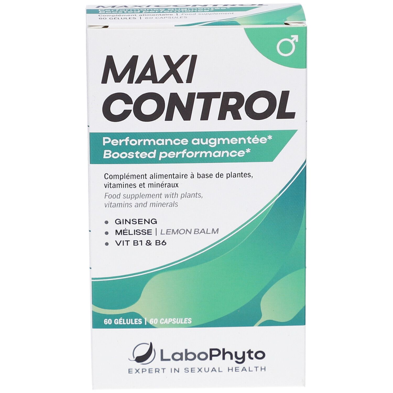 Boîte MAXI CONTROL. Inscription: Performance augmentée. Contient 60 gélules. Marque: Labophyto.