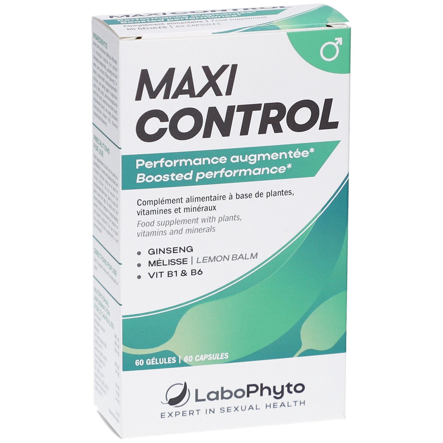 Boîte MAXI CONTROL. Inscription: Performance augmentée. Contient 60 gélules. Marque: Labophyto.