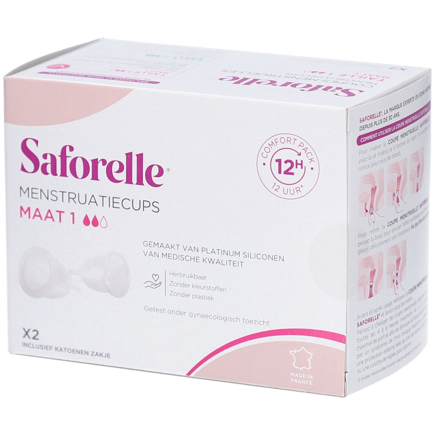 Boîte SAFORELLE Menstruatiecups Maat 1. Rose et blanc. Deux coupes menstruelles visibles. Texte: Gemaakt van platinum siliconen van medische kwaliteit.