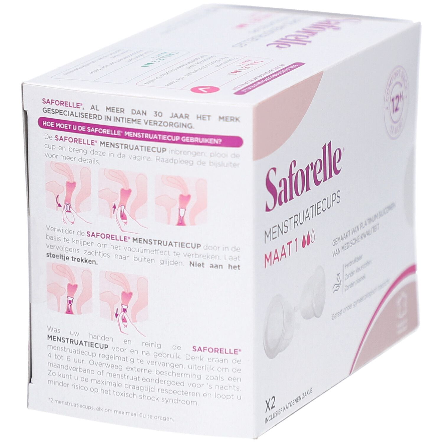 Boîte SAFORELLE Menstruatiecups Maat 1. Rose et blanc. Illustrations d'utilisation. Texte: Hoe moet u de SAFORELLE Menstruatiecup gebruiken?