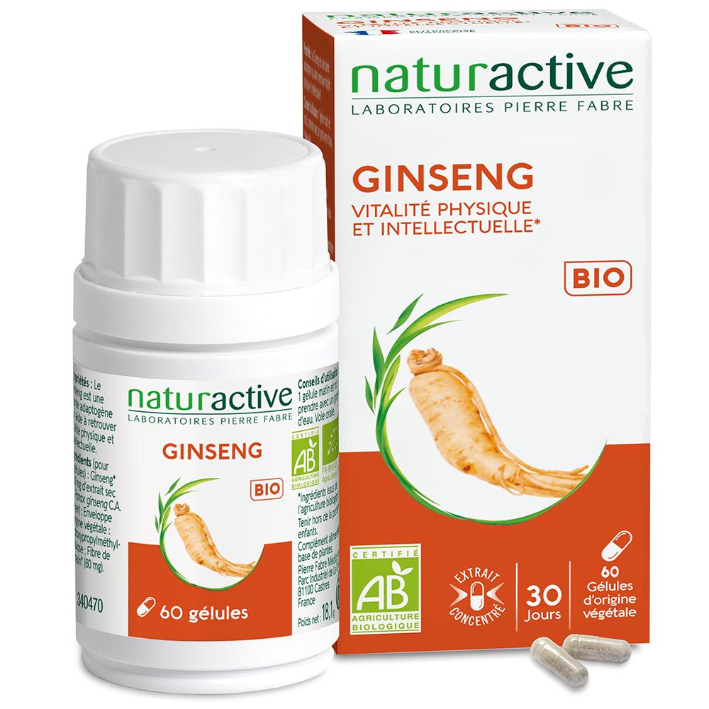 Flacon et boîte Naturactive Gélule Ginseng Bio. Flacon blanc, boîte avec informations produit. Certification Bio.