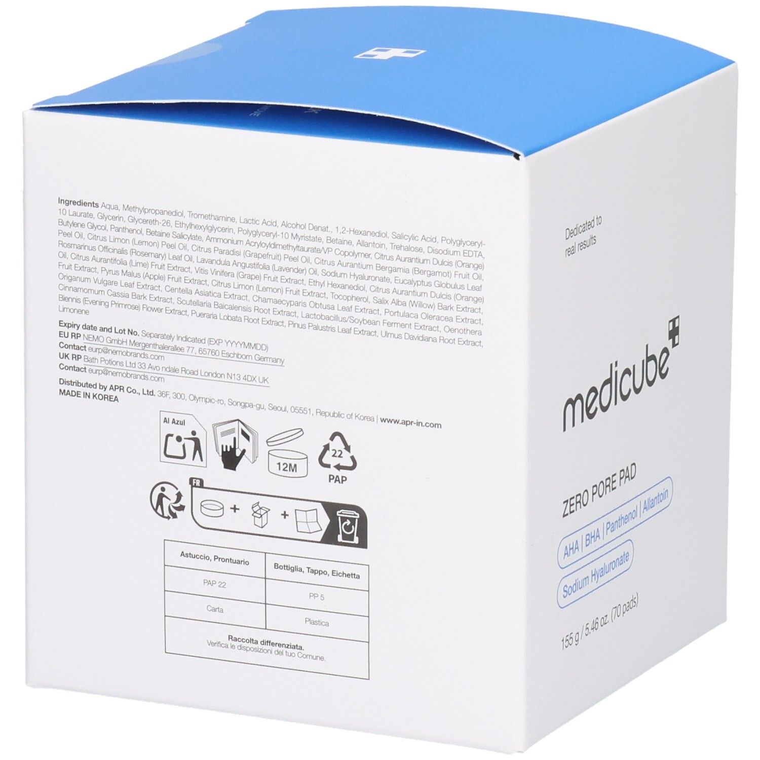 Boîte carrée blanche à couvercle bleu. Dos avec ingrédients, avertissements et symboles de recyclage.