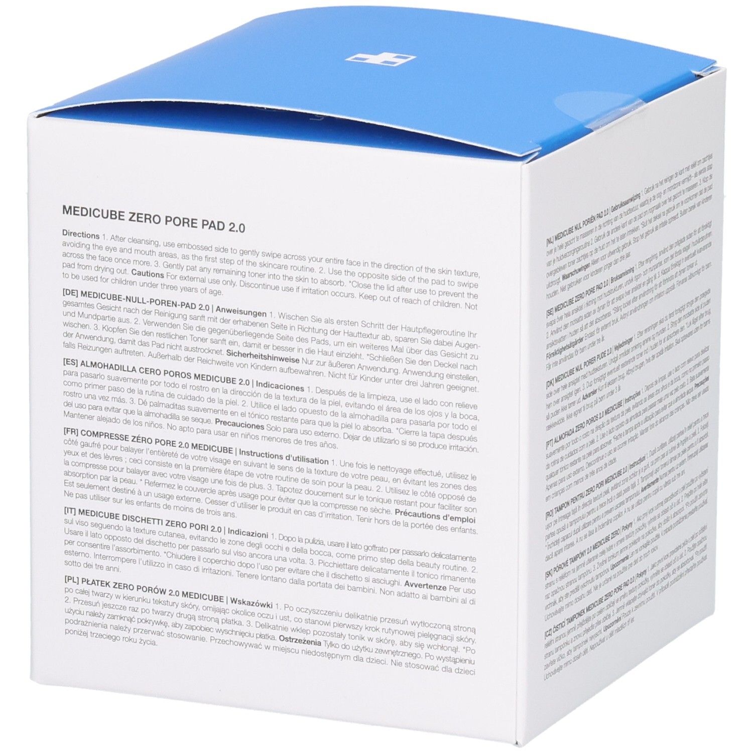 Boîte carrée blanche à couvercle bleu. Texte multilingue, symboles de recyclage et instructions d'utilisation.