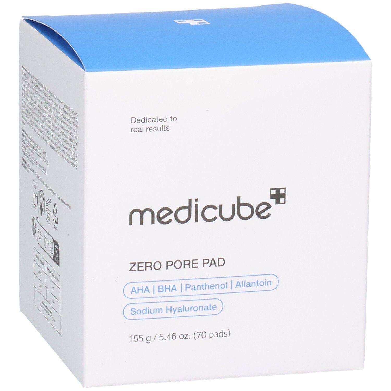 Boîte carrée blanche à couvercle bleu. Inscriptions: medicube, ZERO PORE PAD, ingrédients, 155 g / 5.46 oz. (70 pads).