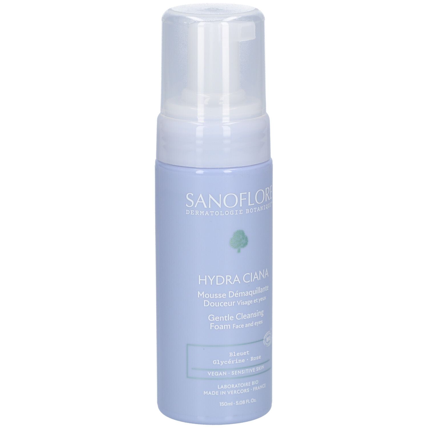 Flacon bleu et blanc avec pompe. Inscription: Sanoflore, Hydra Ciana, Mousse Démaquillante Douceur. Vegan, peau sensible.