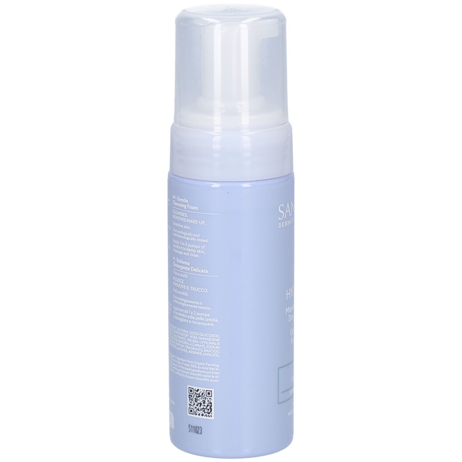 Dos du flacon. Texte multilingue. Code QR et code-barres. Informations sur les ingrédients et certifications.