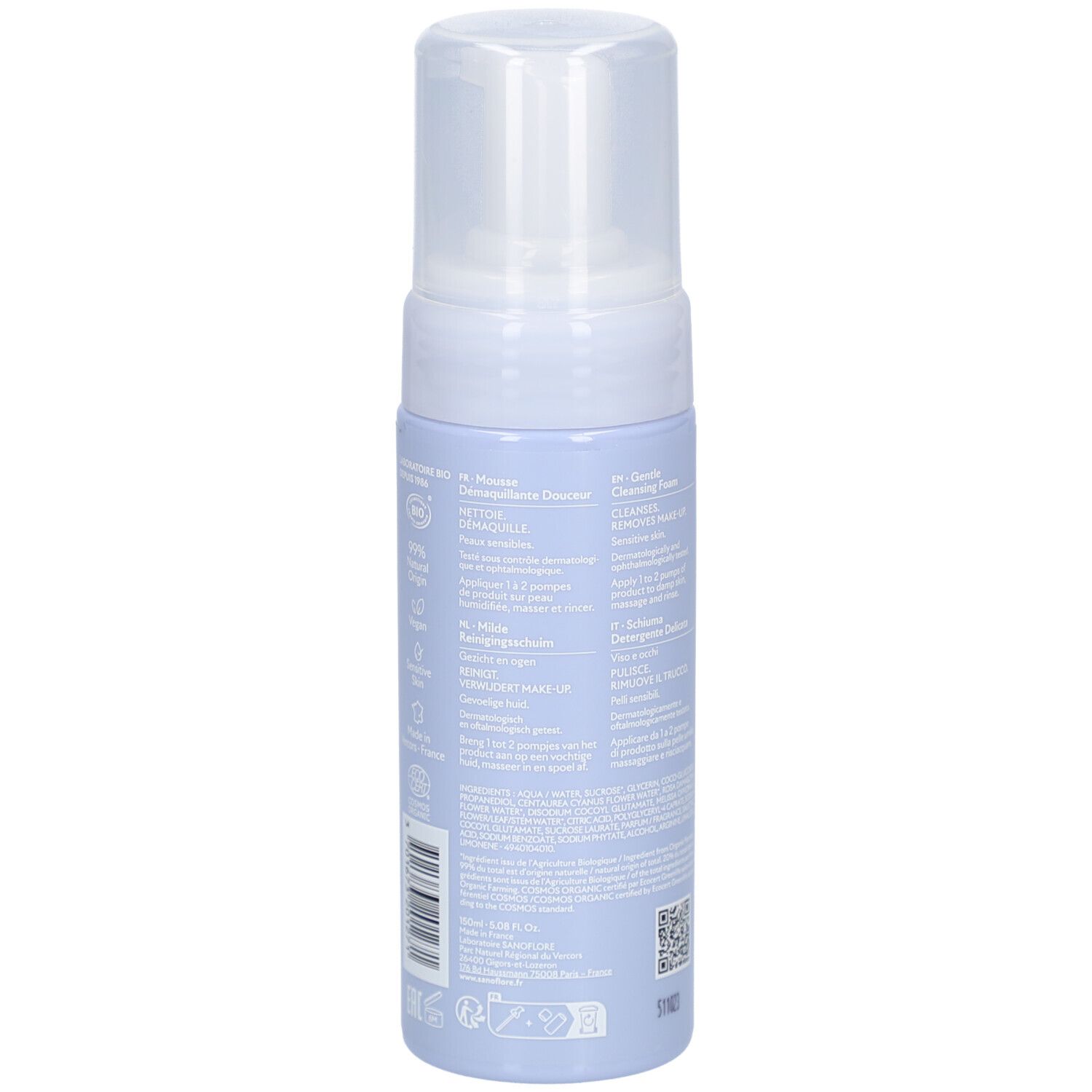 Dos du flacon. Texte multilingue. Informations sur les ingrédients, certifications et fabricant.