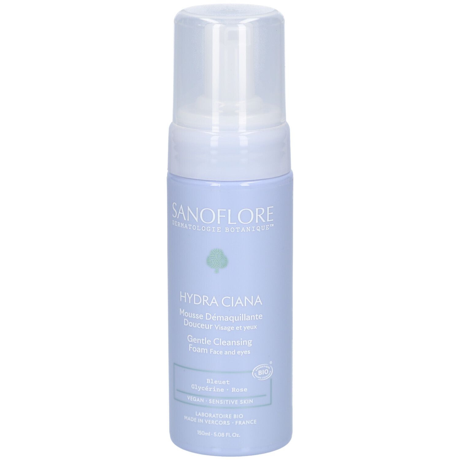 Flacon bleu et blanc avec pompe. Inscription: Sanoflore, Hydra Ciana, Mousse Démaquillante Douceur. Vegan, peau sensible.