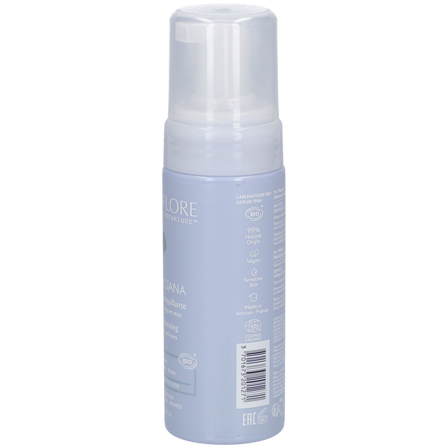 Dos du flacon. Texte multilingue. Code-barres et certifications. Informations sur les ingrédients.