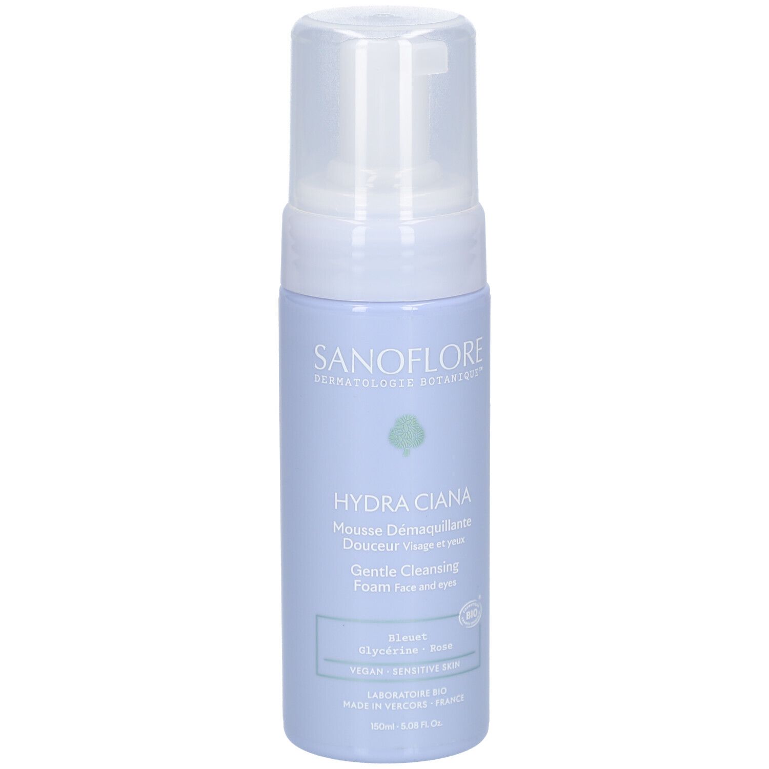 Flacon bleu et blanc avec pompe. Inscription: Sanoflore, Hydra Ciana, Mousse Démaquillante Douceur. Vegan, peau sensible.