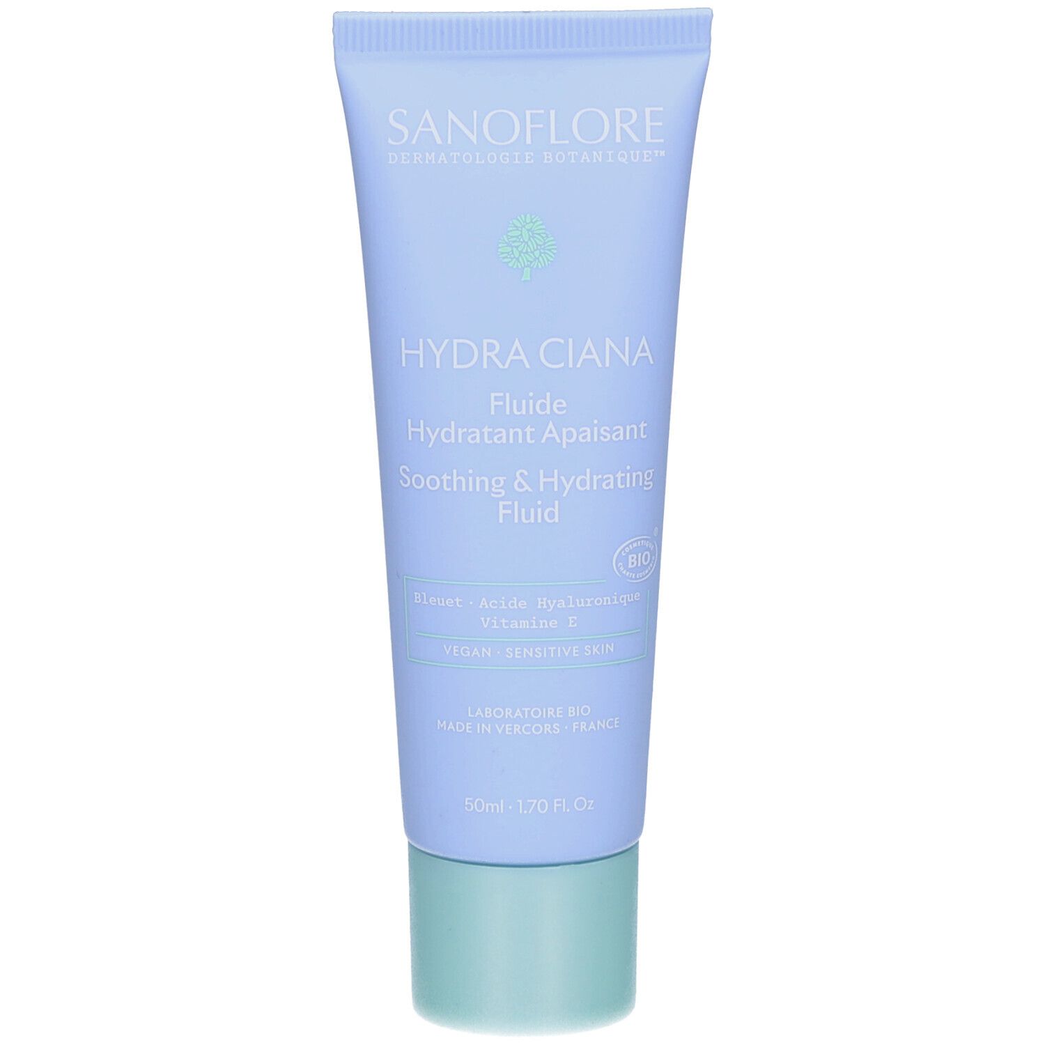 Tube bleu clair avec bouchon vert. Inscriptions: SANOFLORE, HYDRA CIANA Fluide, Soothing & Hydrating Fluid. Certification Bio.