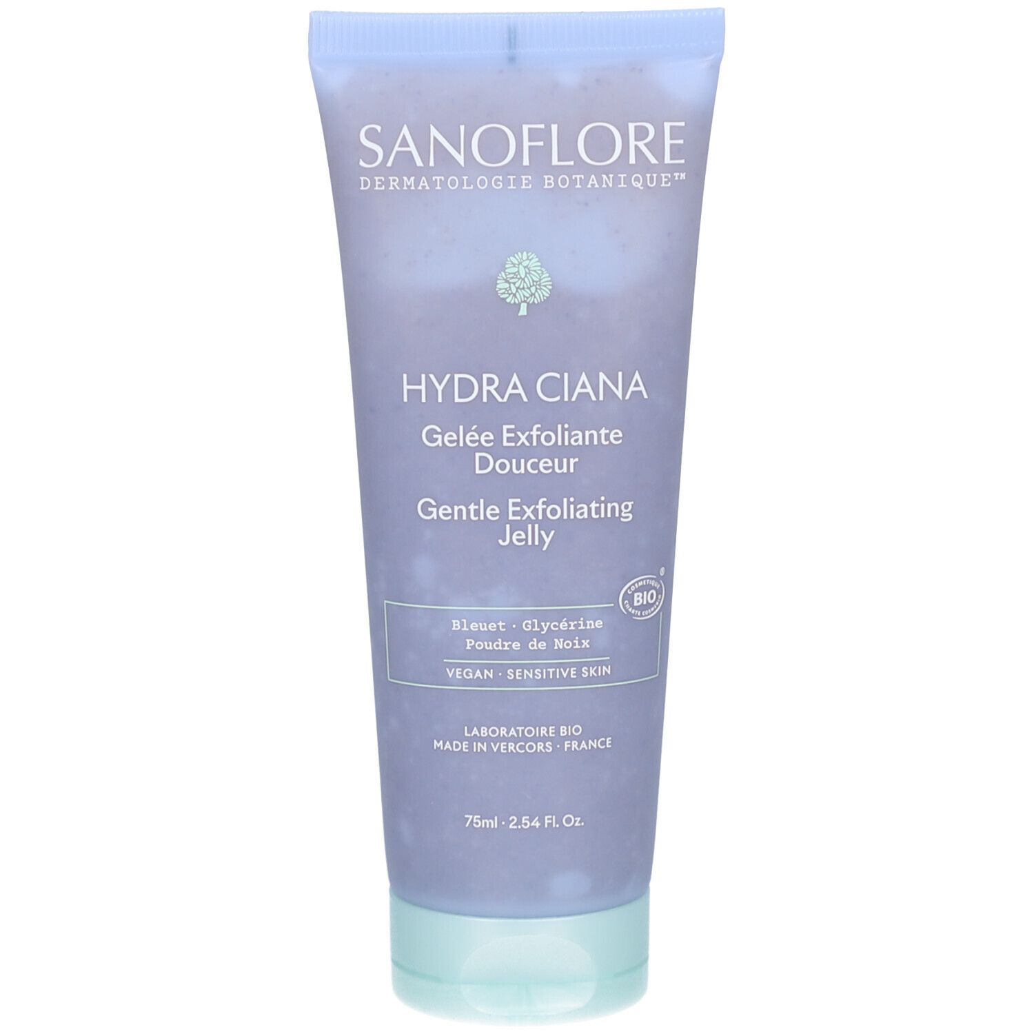 Tube de gel exfoliant SANOFLORE HYDRA CIANA. Inscription: Gelée Exfoliante Douceur, Gentle Exfoliating Jelly. Certifié BIO.