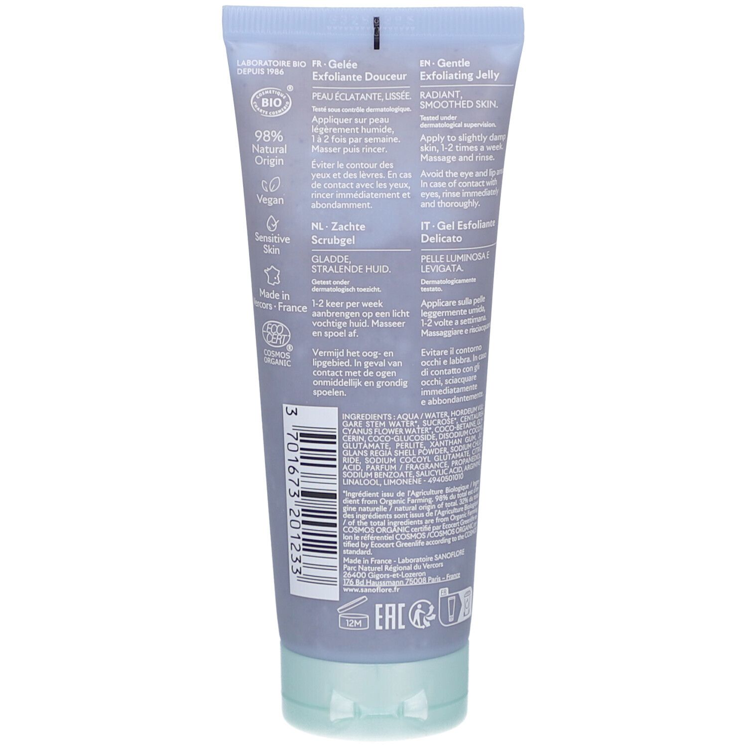 Dos du tube. Informations produit et ingrédients. Marque SANOFLORE. Certification BIO. Texte multilingue.