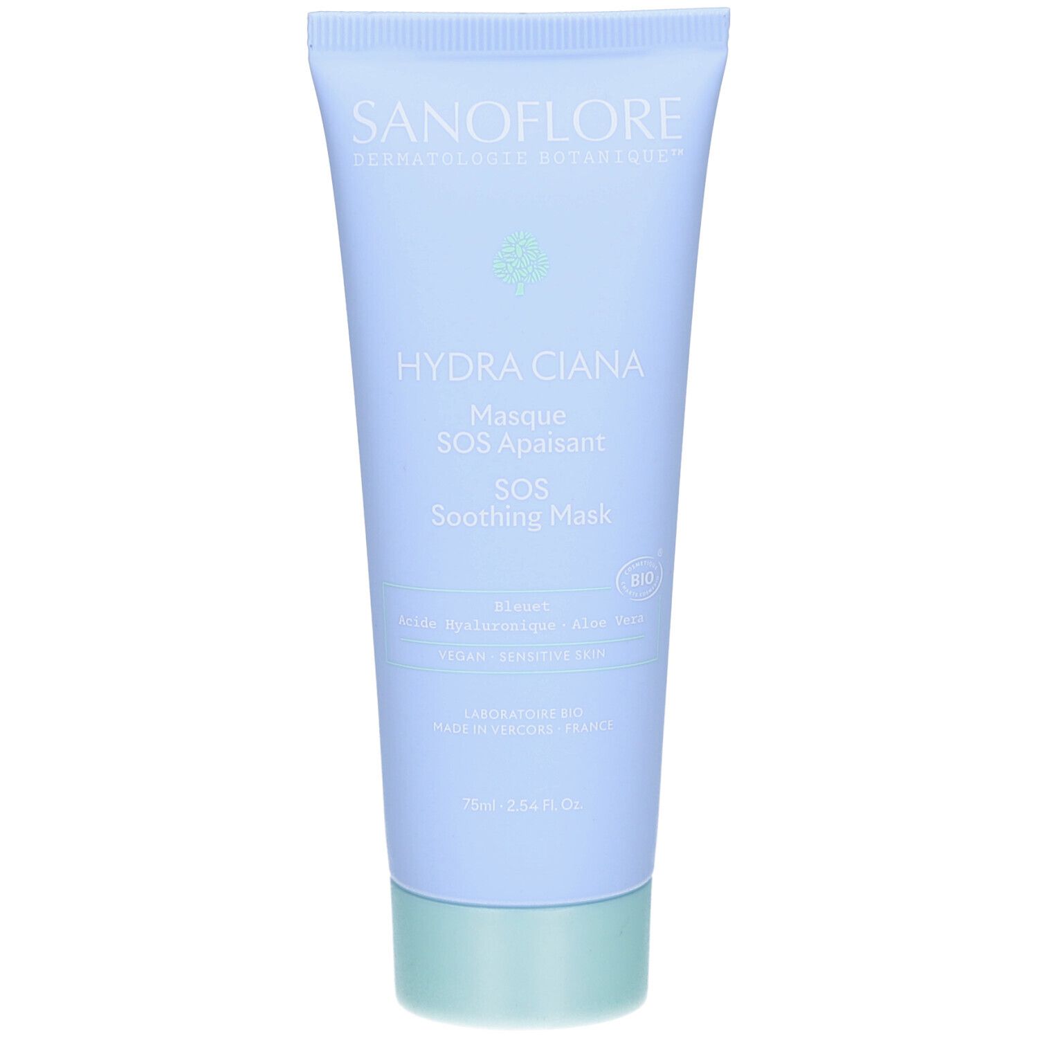 Tube bleu clair. Inscription: SANOFLORE, HYDRA CIANA, Masque SOS Apaisant, SOS Soothing Mask. Bouchon vert. Certification bio.