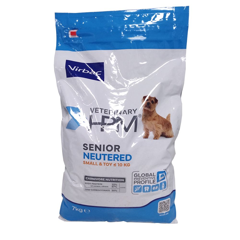 Sac de nourriture pour chien. Inscription : VETERINARY HPM SENIOR NEUTERED. Petit chien. 7kg. Logo et labels.