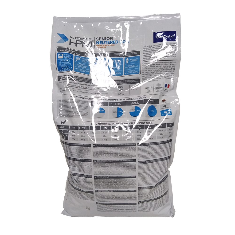Dos du sac de nourriture pour chien. Texte et graphiques. Emballage transparent.