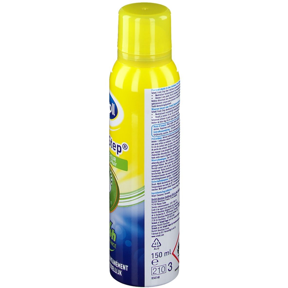 Bombe aérosol jaune avec bouchon jaune. Texte et symboles sur le côté, dont 150 ml et un symbole de danger.