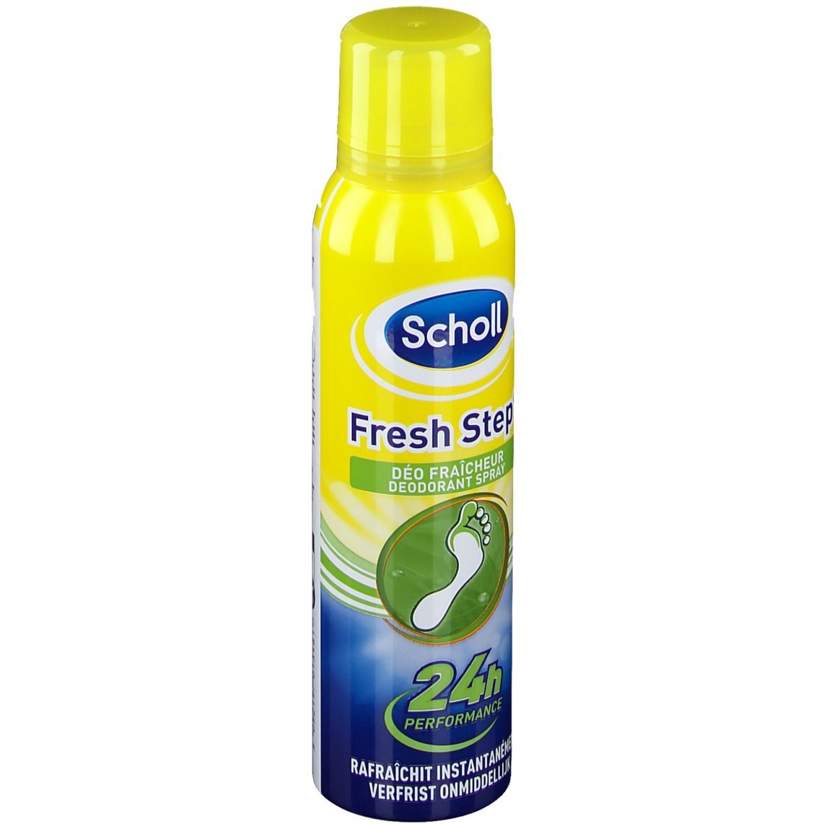 Bombe aérosol jaune avec bouchon jaune. Inscription : Scholl Fresh Step. Symbole d'empreinte de pied. 24h Performance.