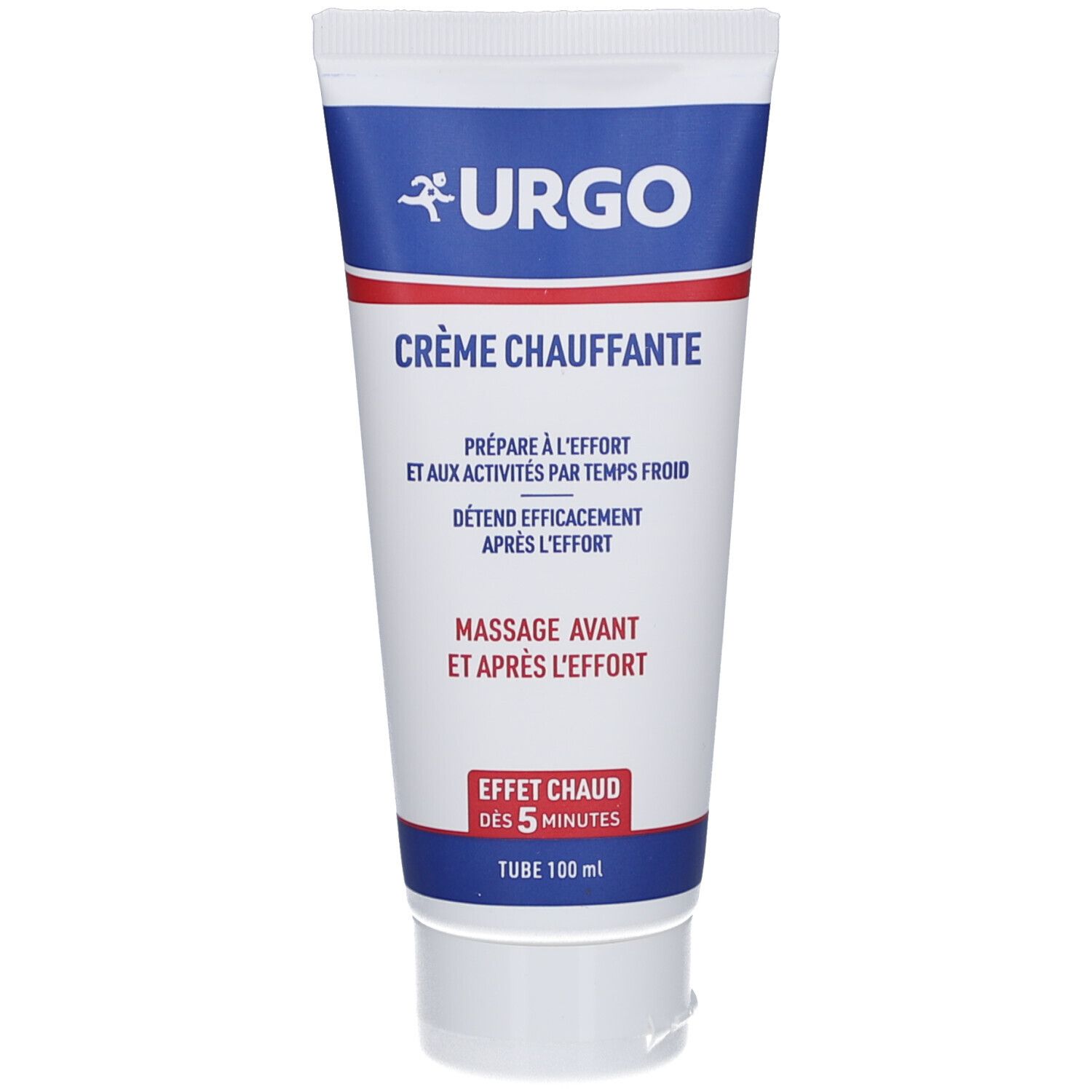 Tube blanc et bleu. Inscription: URGO, Crème Chauffante. Texte: Prépare à l'effort, Détend efficacement, Massage avant et après l'effort. Effet chaud.