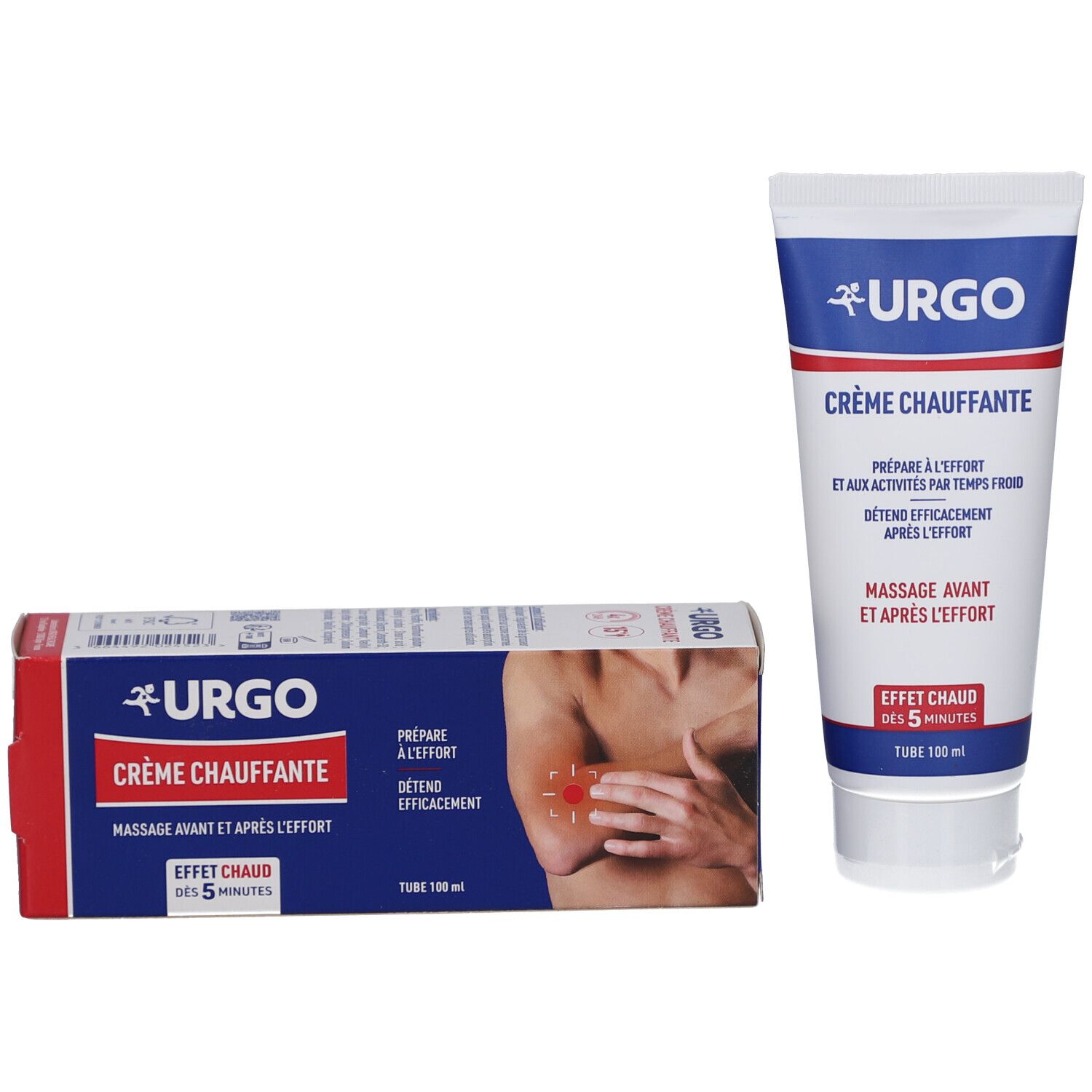 Tube et boîte. Inscription: URGO, Crème Chauffante. Texte: Prépare à l'effort, Détend efficacement, Massage avant et après l'effort. Effet chaud.