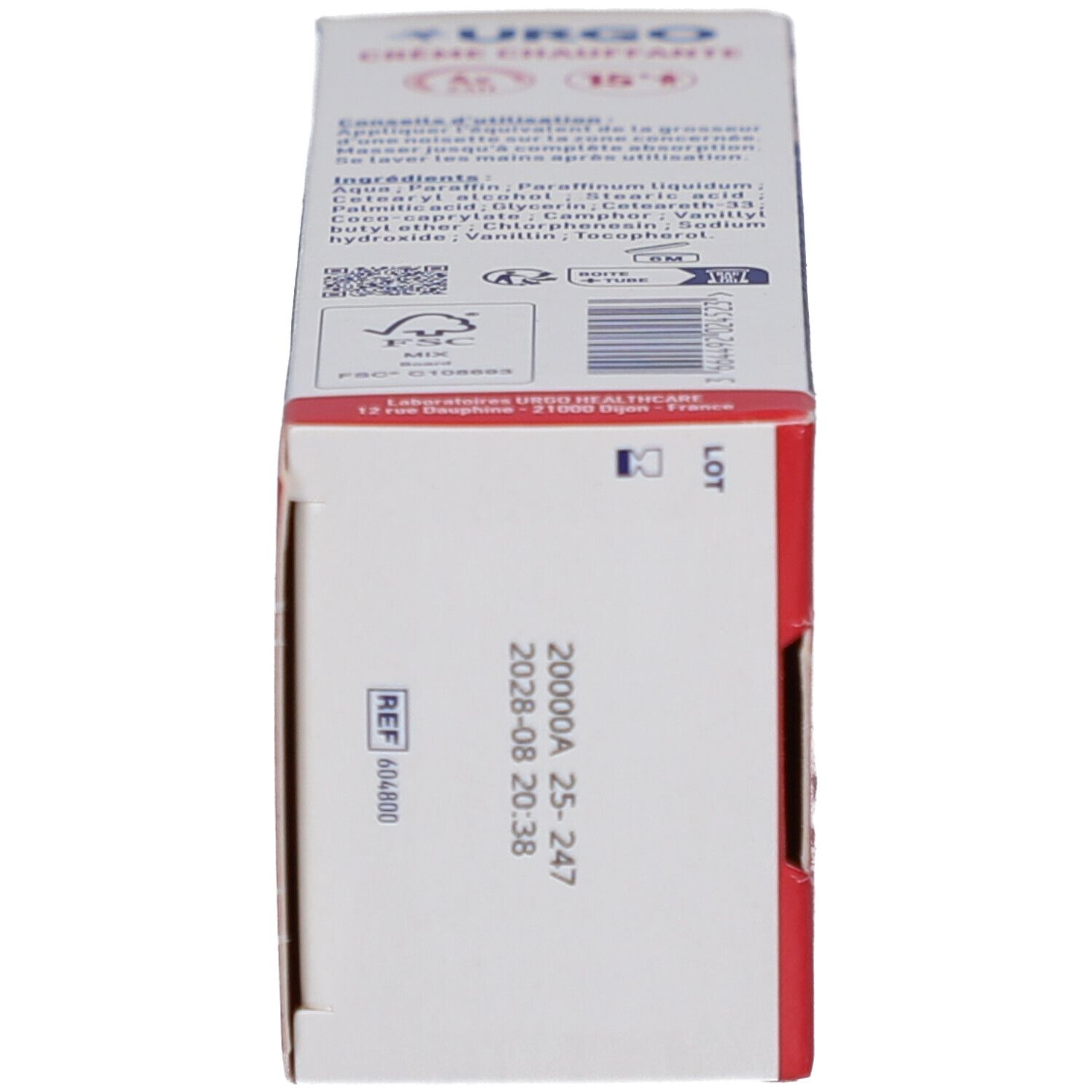 Boîte, vue latérale. Inscription: URGO, Crème Chauffante. Texte et ingrédients. Date de péremption. Avertissements.