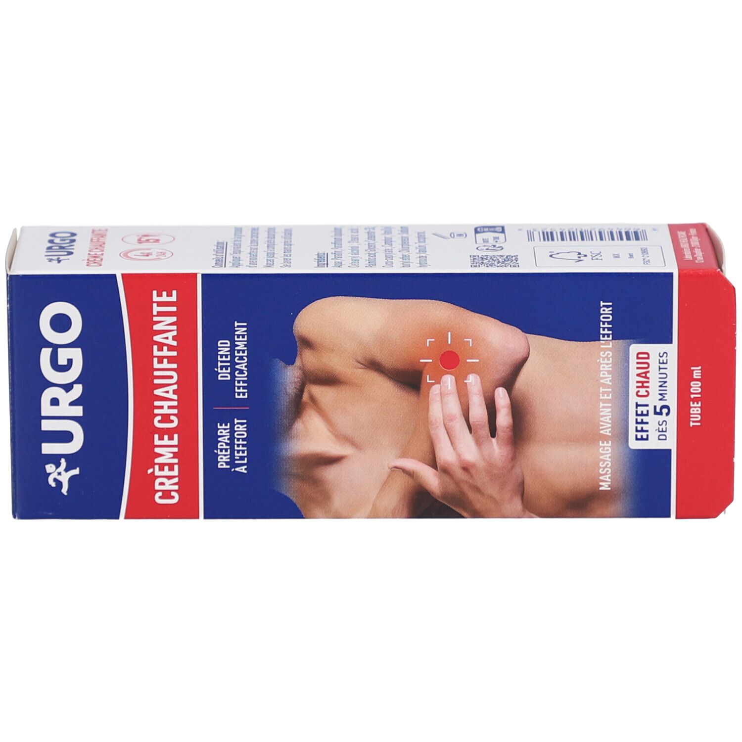 Boîte. Inscription: URGO, Crème Chauffante. Texte: Prépare à l'effort, Détend efficacement, Massage avant et après l'effort. Effet chaud.