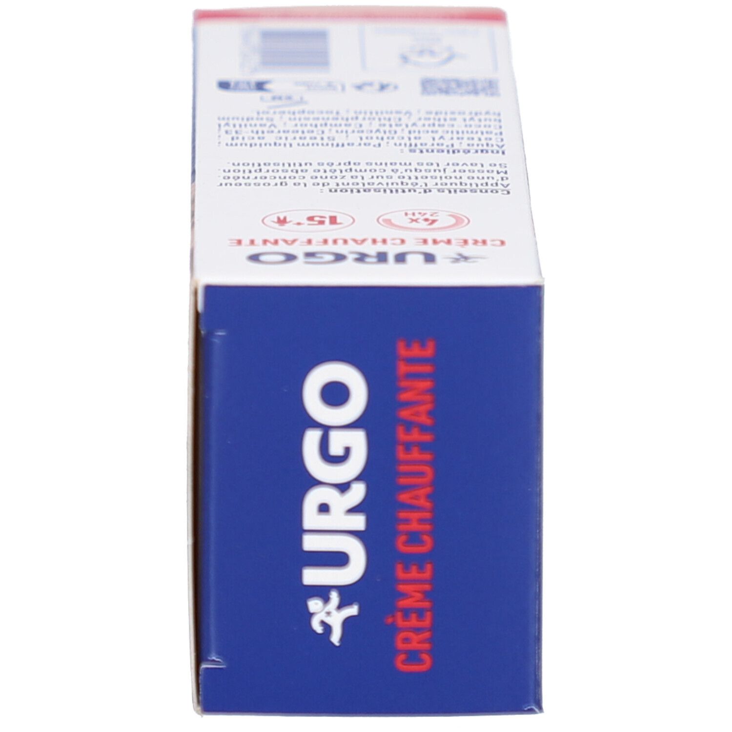Boîte, vue latérale. Inscription: URGO, Crème Chauffante. Texte et ingrédients. Date de péremption. Avertissements.