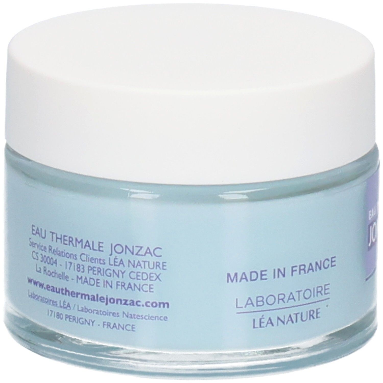 Pot de crème bleu avec couvercle blanc. Inscriptions: Eau Thermale Jonzac, Made in France, Laboratoire Léa Nature.