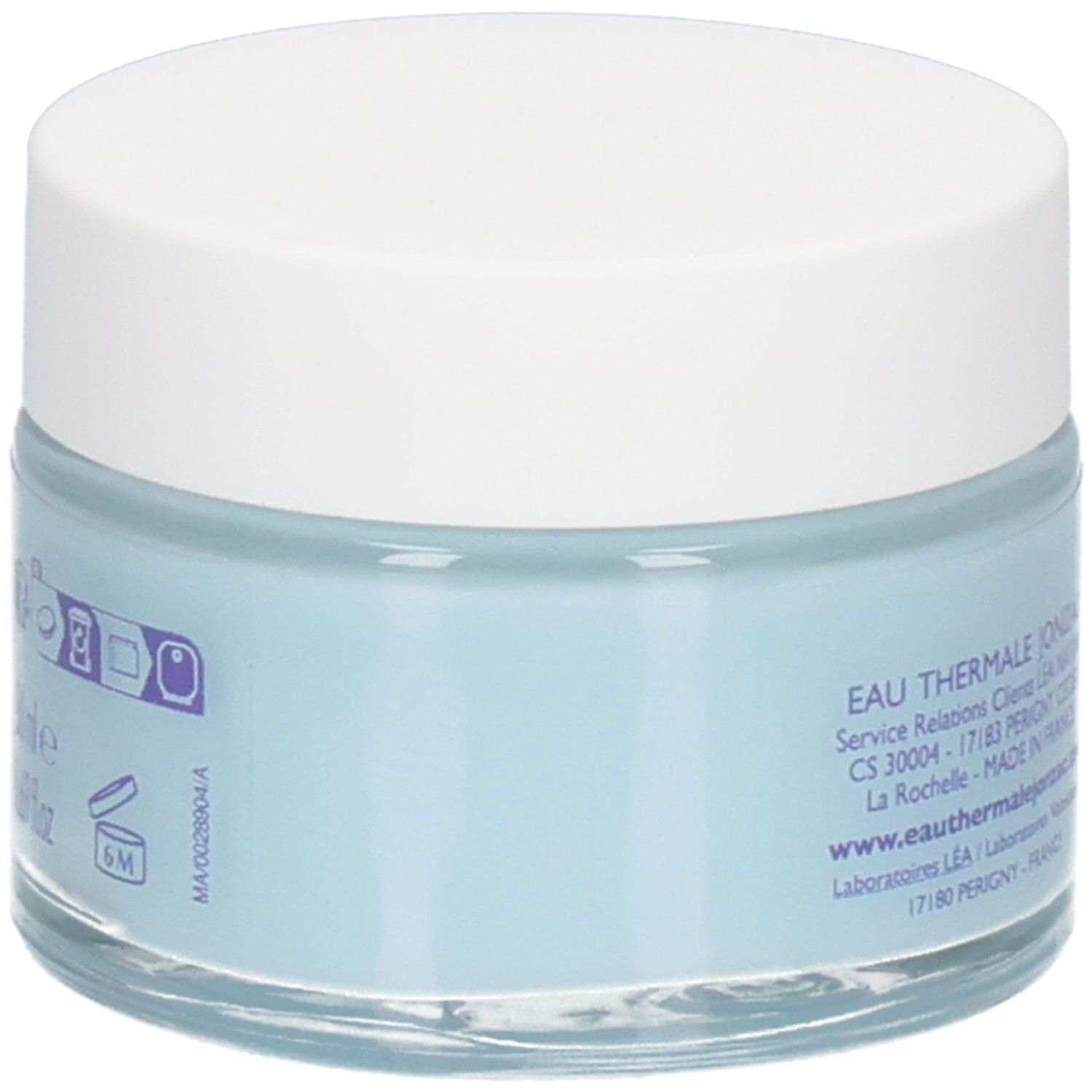 Pot de crème bleu avec couvercle blanc. Inscriptions: Eau Thermale Jonzac, Made in France, Laboratoire Léa Nature.